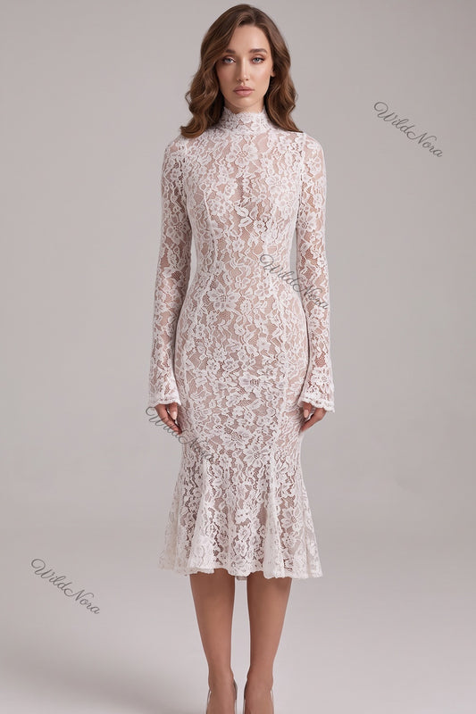 White Floral Lace Trumpet Midi Dress white floral lace dress - product view 1