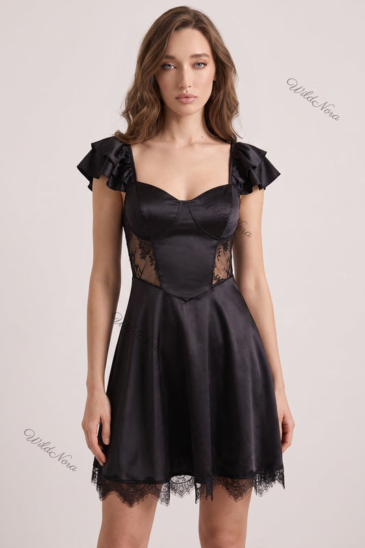 Black Satin Fit-and-Flare Mini Dress with Ruffled Cap Sleeves and Sheer Lace black satin dress - product view 1