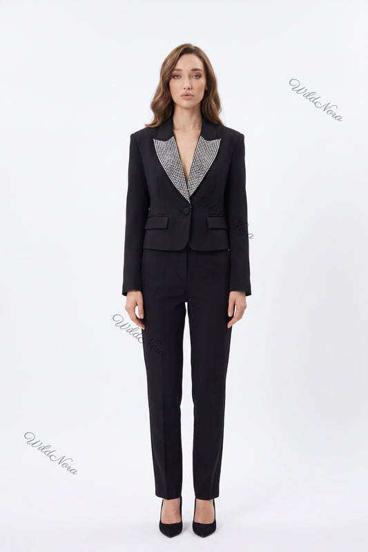 Black Cropped Structured Blazer with Silver Rhinestone Lapels black woven suiting fabric blazer - product view 1