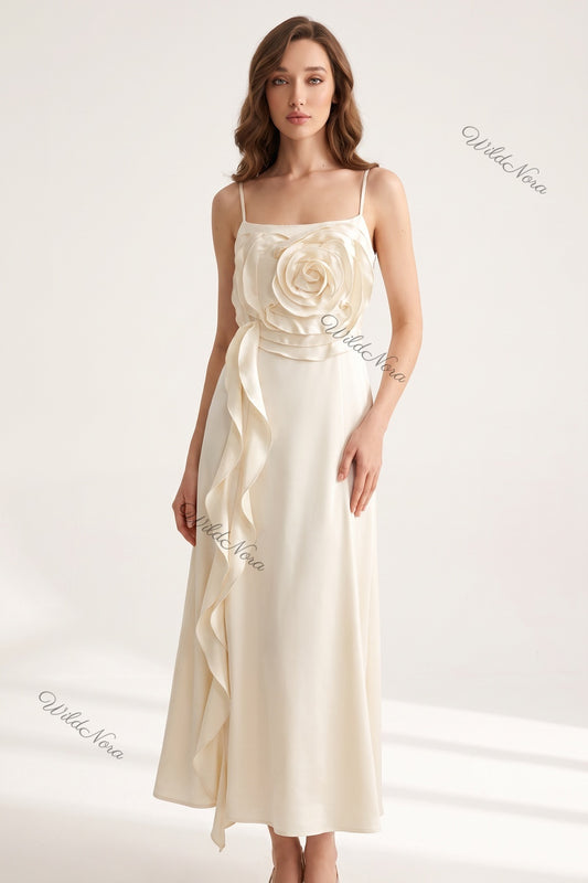 Cream Satin A-Line Slip Dress with 3D Rose Detail cream, off-white satin dress - product view 1
