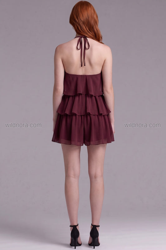 Burgundy Chiffon Tiered Ruffle Halter Romper burgundy chiffon tiered romper - product view 2