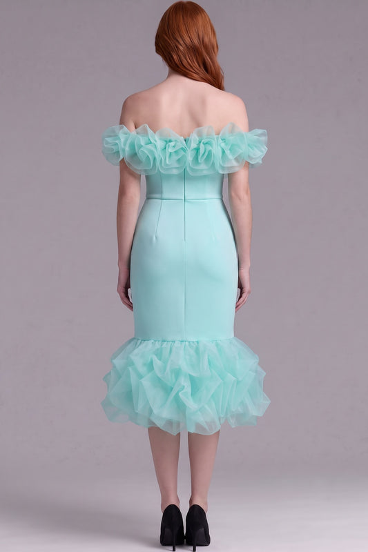 Mint Green Off-The-Shoulder Mermaid Midi Dress with Organza Ruffles mint green structured stretch woven dress - product view 2