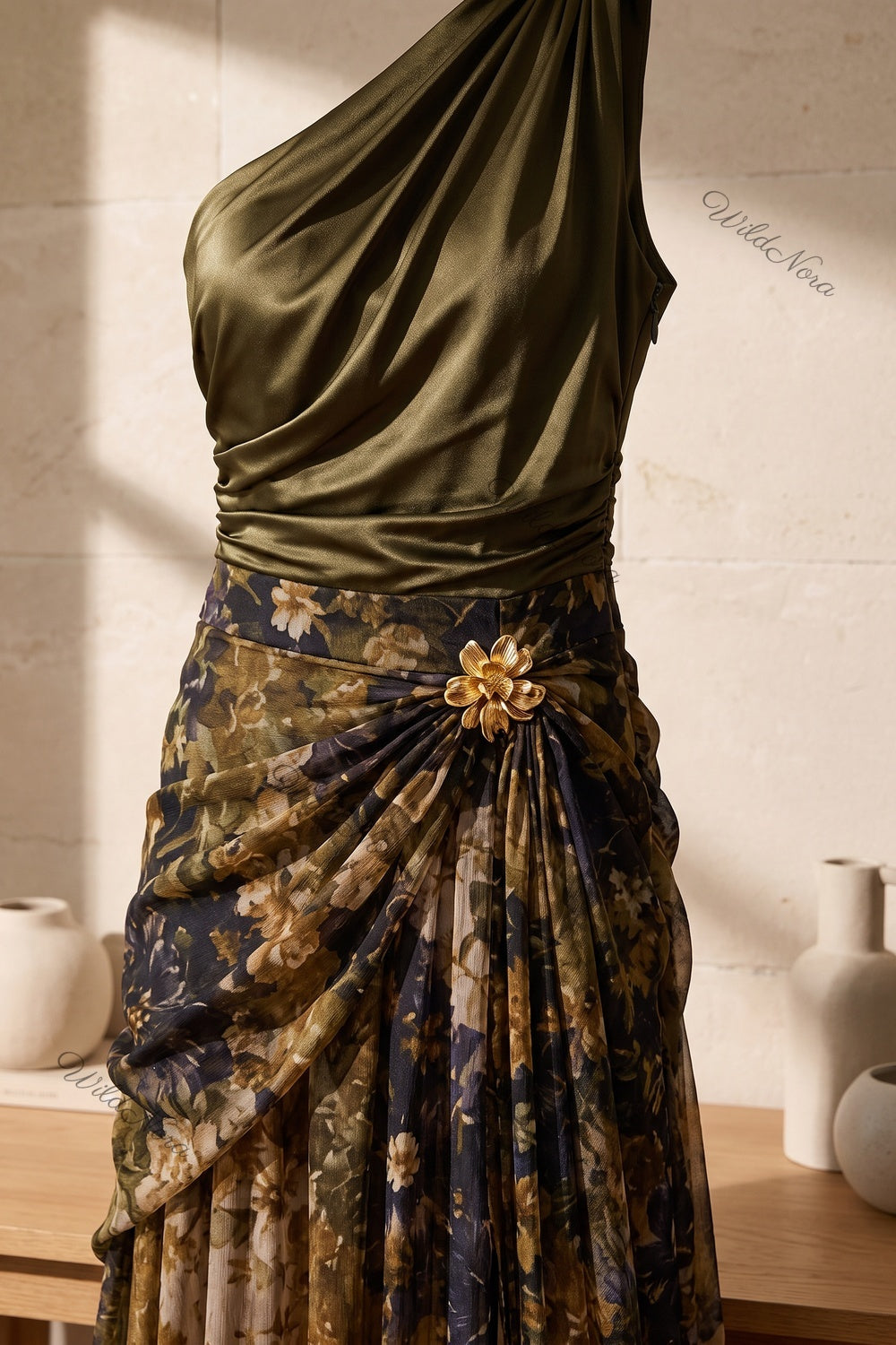 Olive Green Satin Asymmetrical A-Line Evening Gown with High Slit olive green, dark brown, black satin evening gown - product view 4