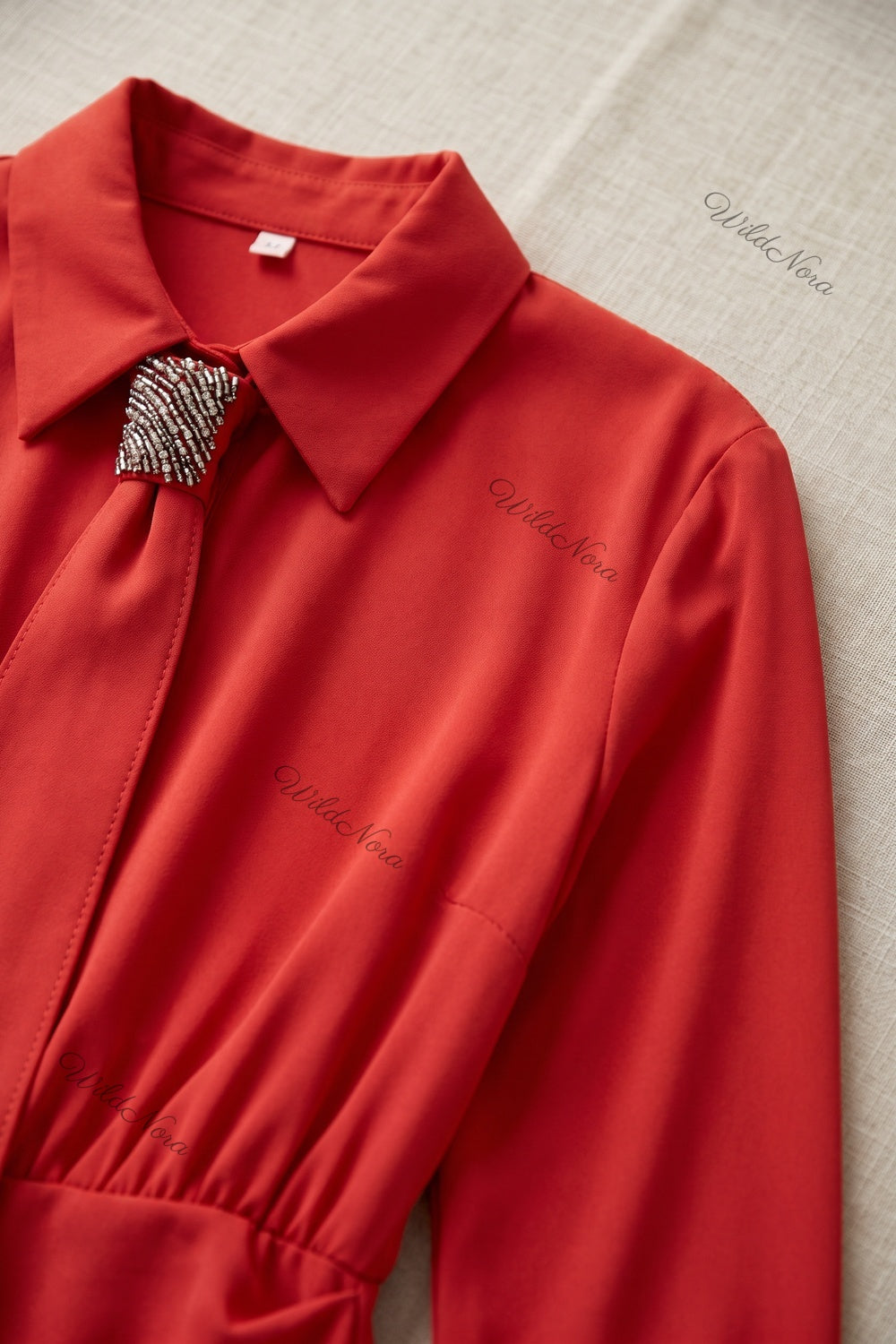 Red Polyester Crepe Draped A-Line Mini Dress with Beaded Tie red polyester crepe dress - product view 6