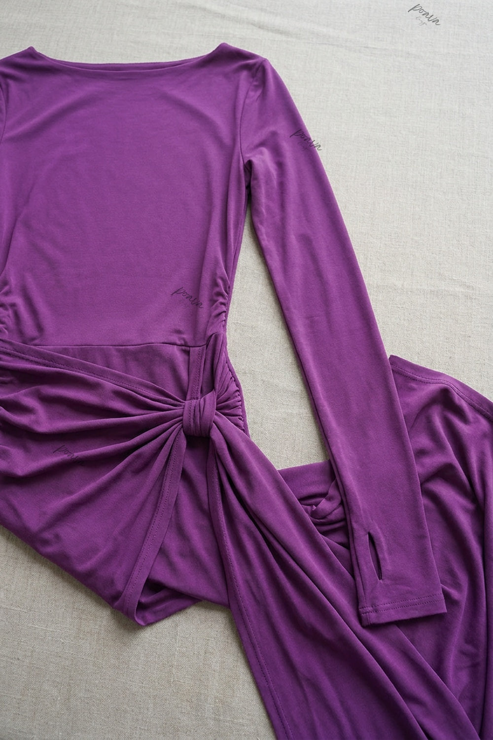 Purple Stretch Jersey Slim-Fit Bodice with Draped Asymmetrical Wrap-Style Skirt Maxi Dress purple stretch jersey maxi dress - product view 5