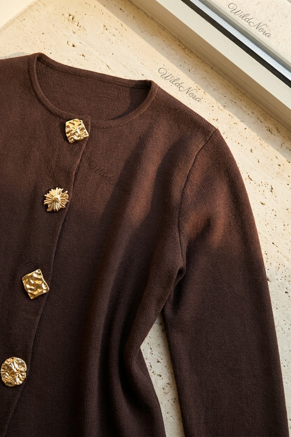 Dark Brown Fine-Gauge Knit Cardigan Jacket with Textured Gold Buttons dark brown fine-gauge knit cardigan jacket - product view 7