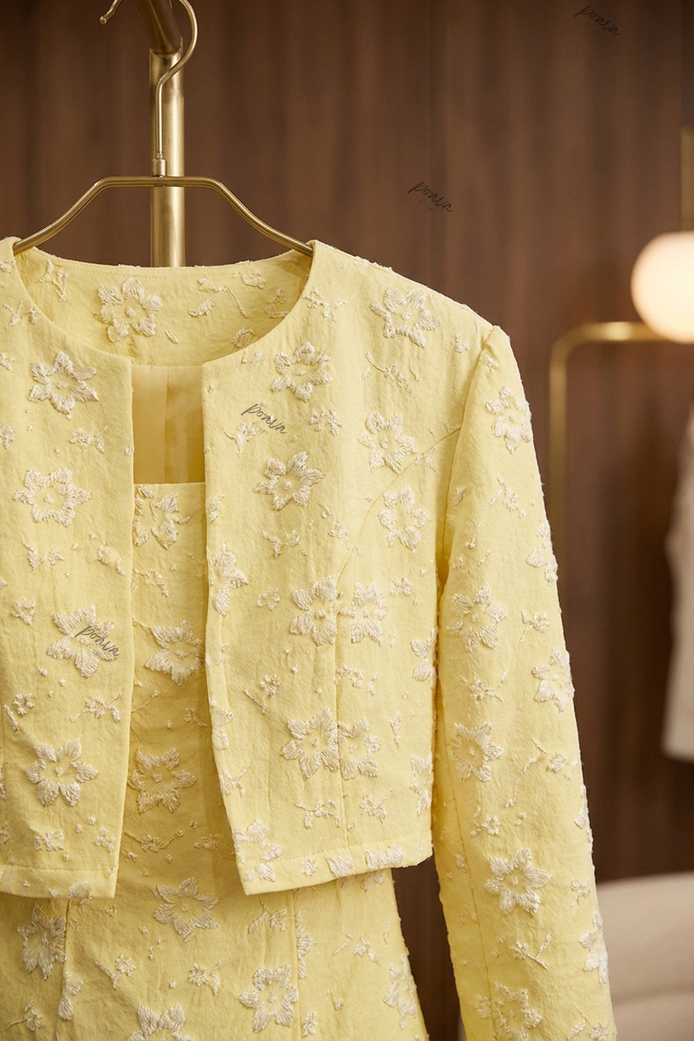 Pale Yellow Floral Appliqué Two-Piece Set Pale yellow Textured jacquard or embroidered organza overlay Two-piece set (cropped jacket and matching mini dress) - product view 7