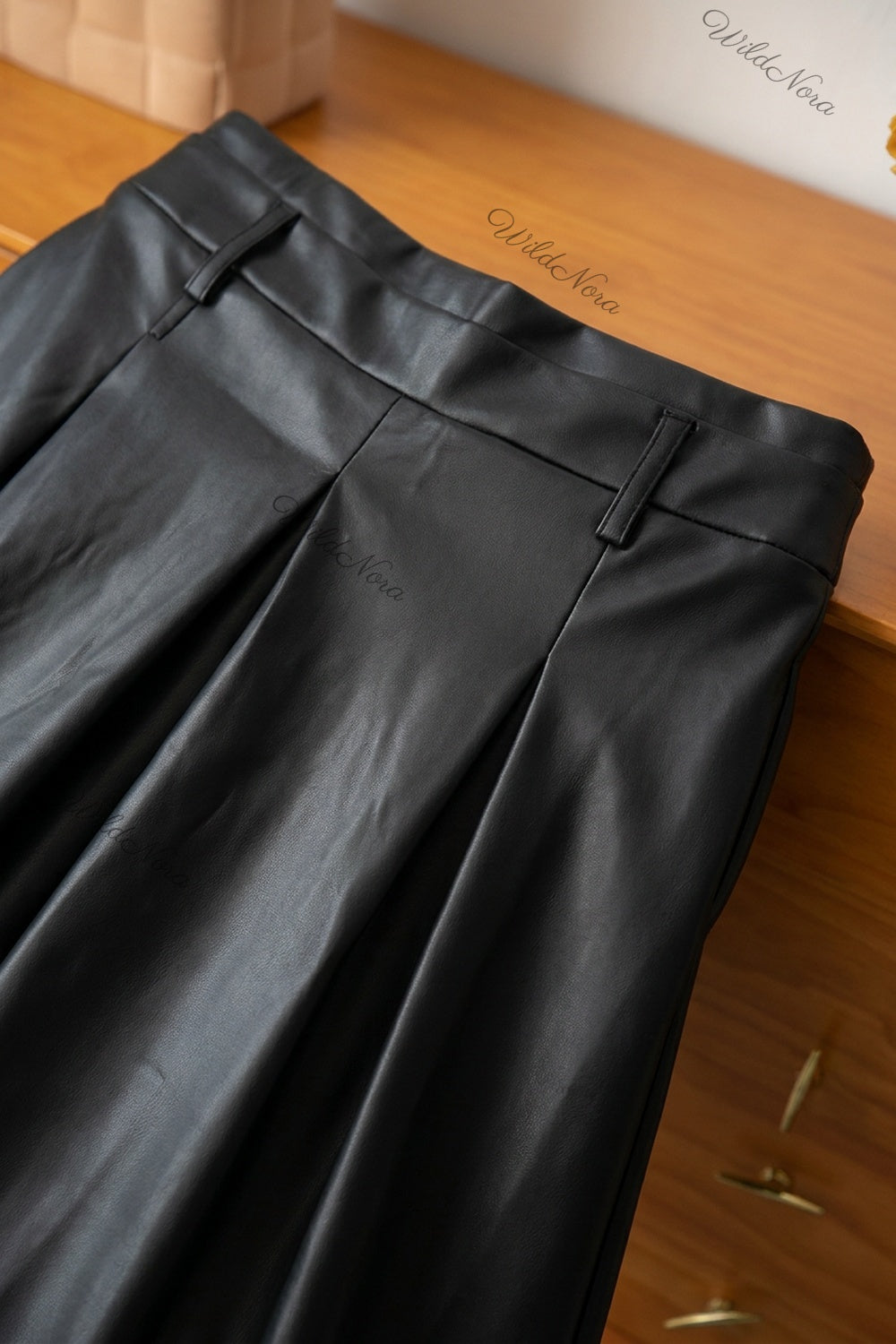 Black Faux Leather A-Line Pleated Midi Skirt black faux leather skirt - product view 7