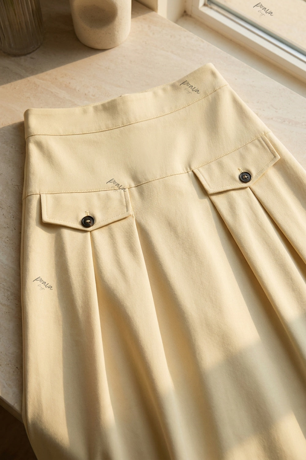 Pale Yellow A-Line Maxi Skirt with Contrasted Buttons pale yellow, cream medium-weight woven suiting or cotton-blend skirt - product view 7