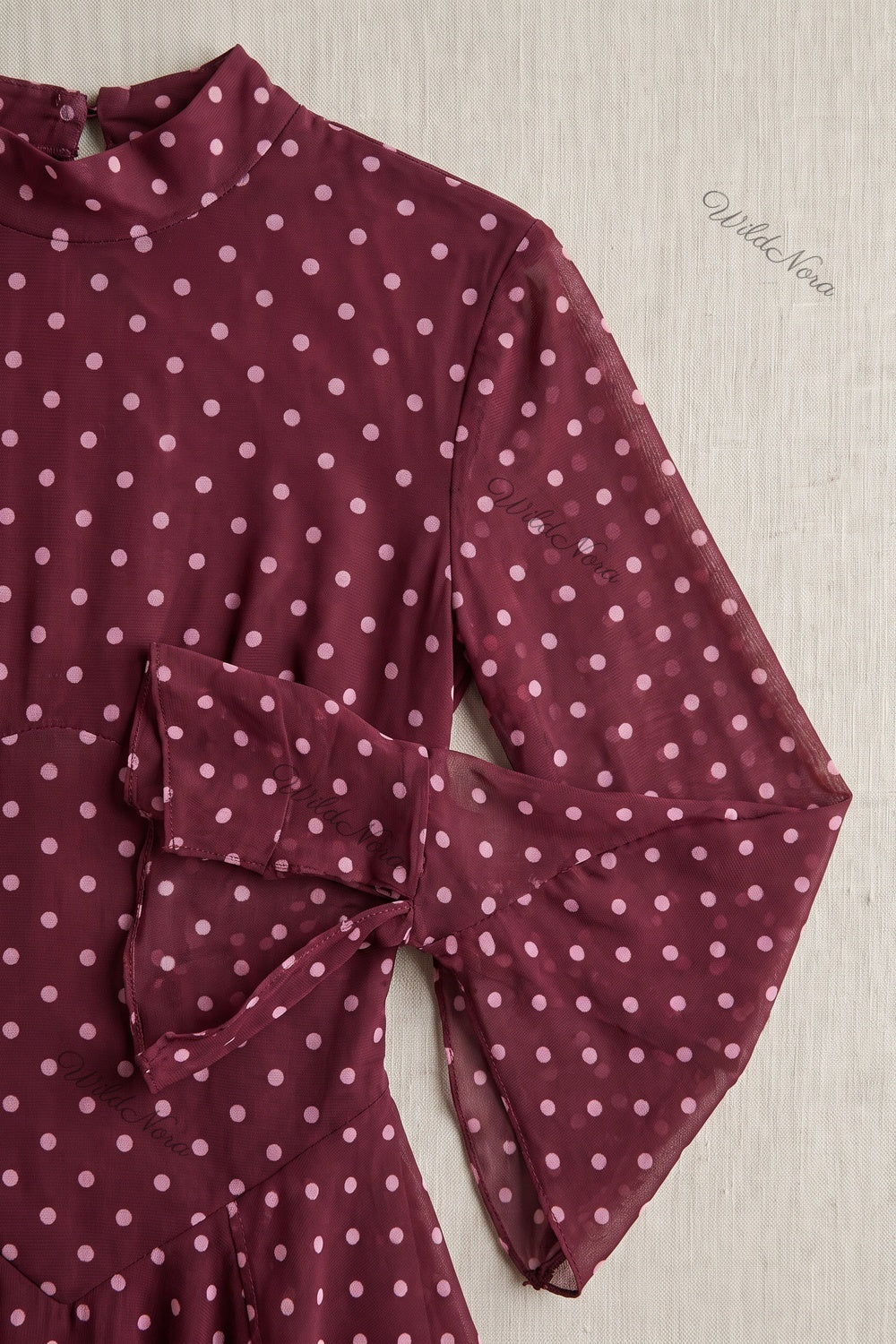 Burgundy Polka Dot Chiffon Fit-and-Flare Mini Dress burgundy sheer chiffon dress - product view 7