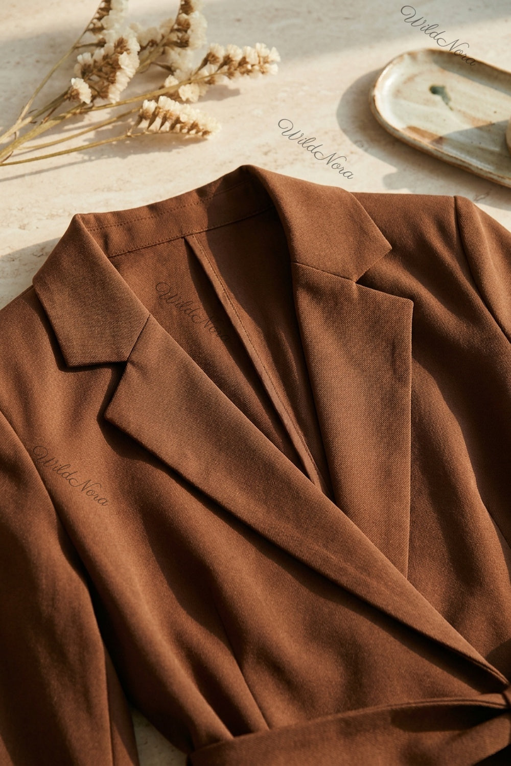 Medium Brown Mid-Weight Woven Two-Piece Pantsuit with Wrap-Front Blazer & Straight-Leg Trousers medium brown mid-weight woven suiting two-piece pantsuit - product view 7