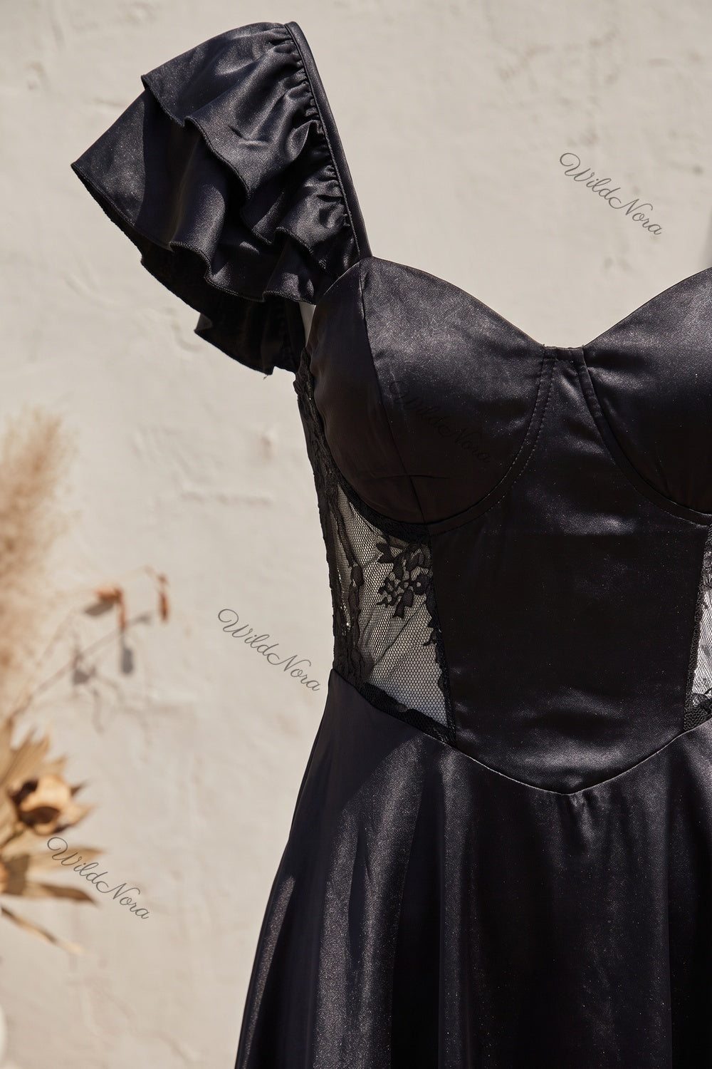 Black Satin Fit-and-Flare Mini Dress with Ruffled Cap Sleeves and Sheer Lace black satin dress - product view 7