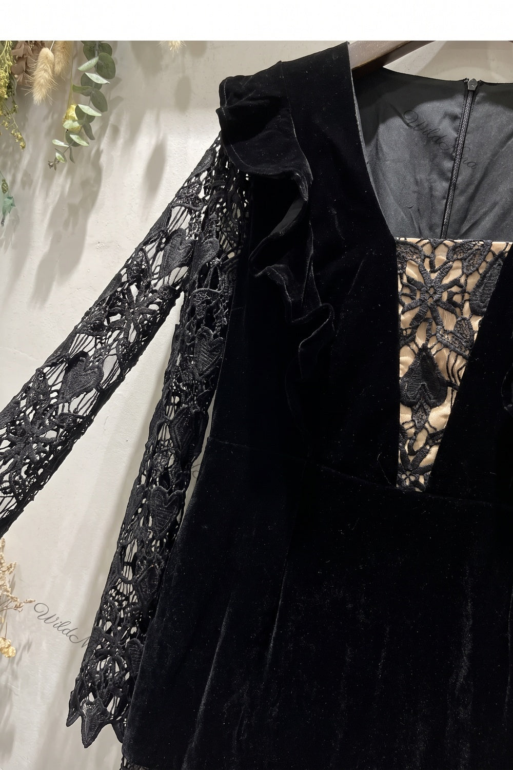 Black Velvet Mermaid Dress with Sheer Lace Sleeves black black velvet dress - product view 7