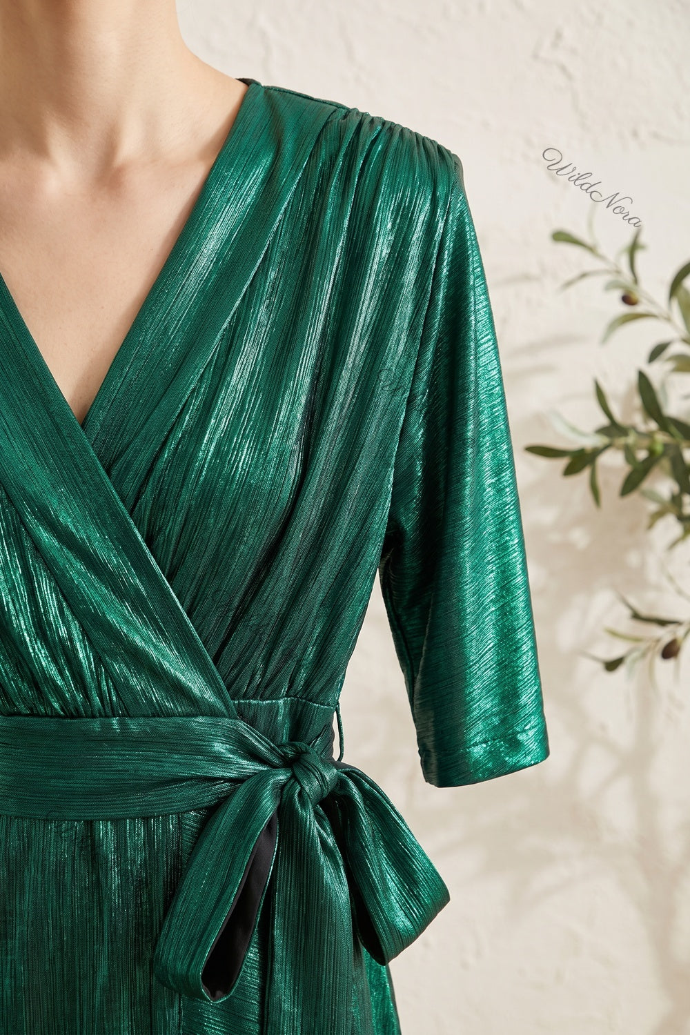 Emerald Green Metallic Plisse Wrap Dress emerald green metallic plisse synthetic dress - product view 7