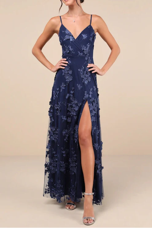 Rare Presence Navy Blue 3D Floral Surplice Maxi Dress