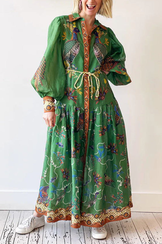 Green Peacock Floral Print Long Sleeve Belted Shirt Midi Dress