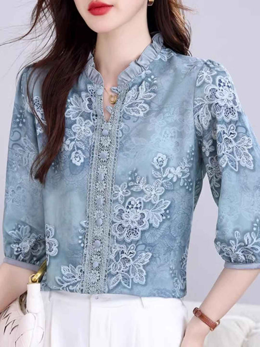 simona Classic Auricular Collar Printed Chiffon Top