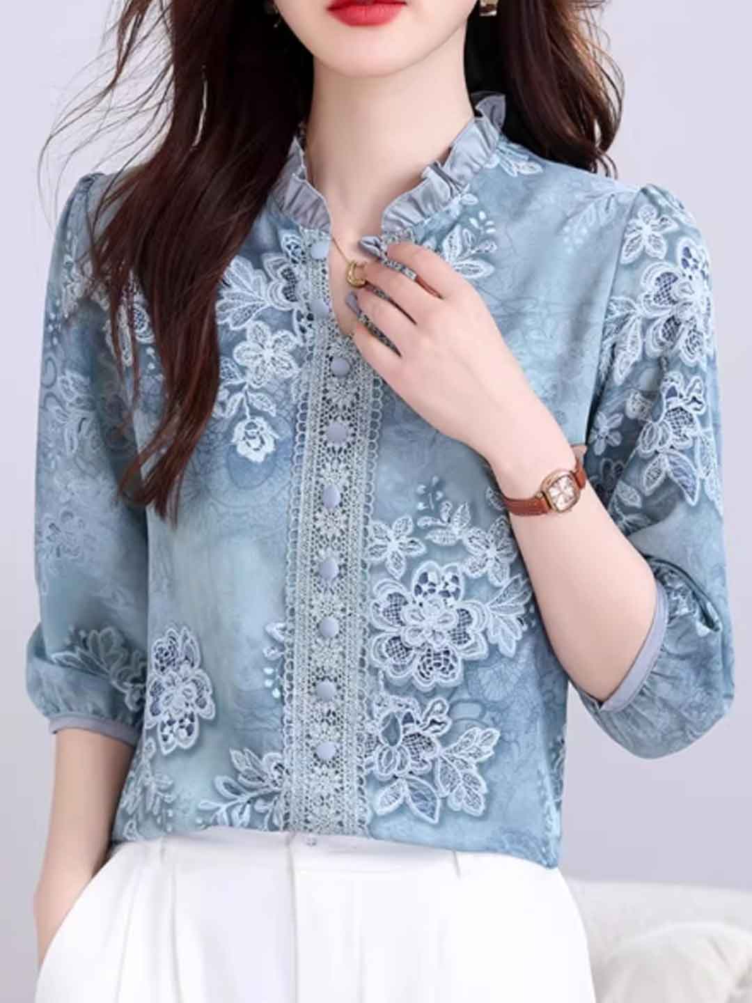 simona Classic Auricular Collar Printed Chiffon Top