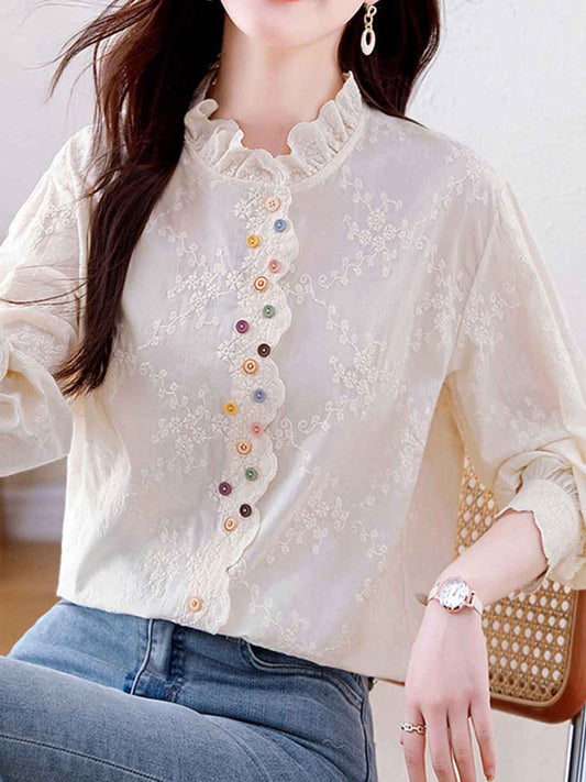 xaviera Classic Ruffle Collar Hollowed Embroidered Top