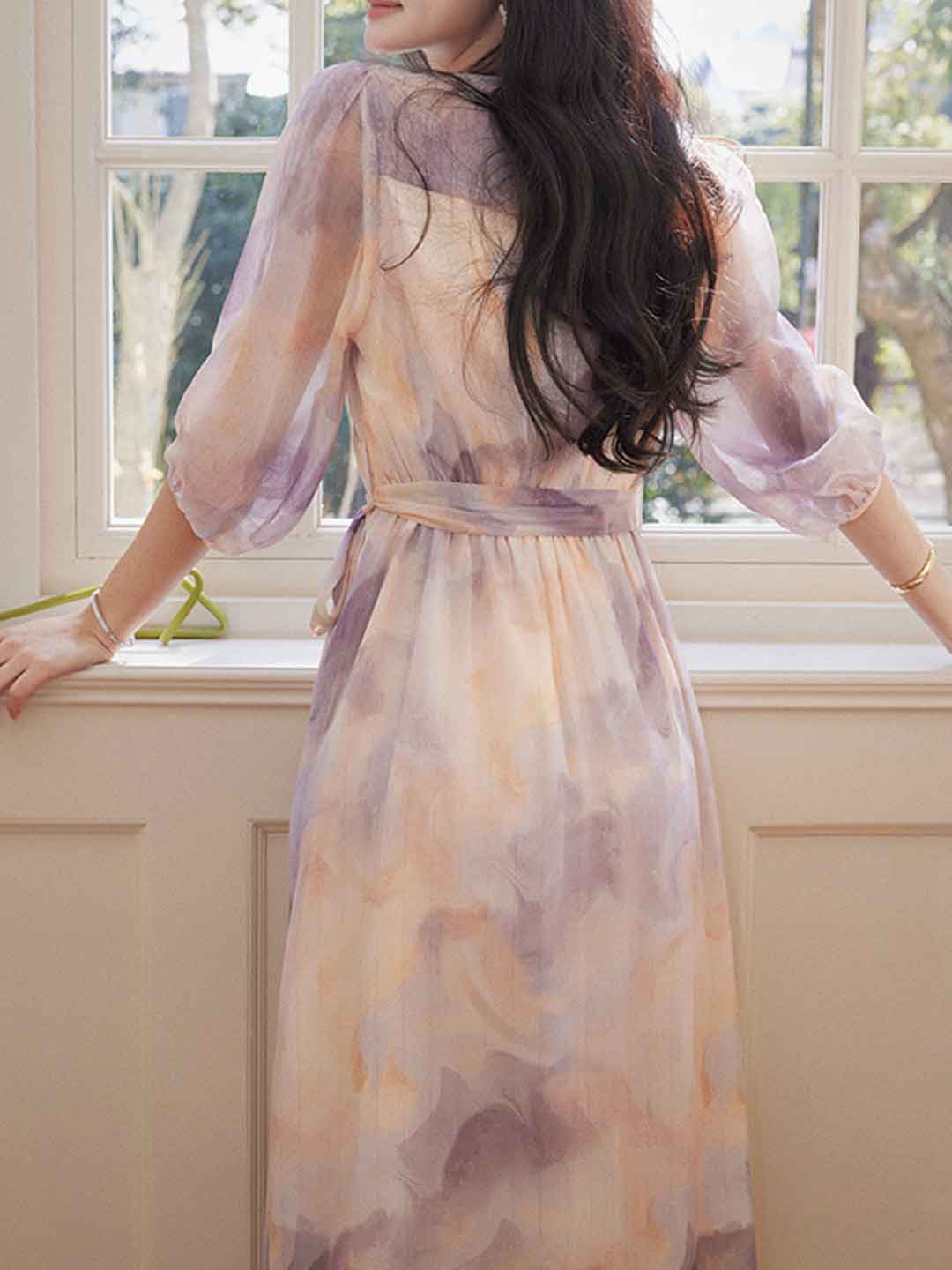 phoenix Classic V-Neck Floral Printed Tie Dress