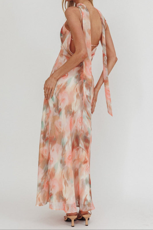 Floral print halter neck ribbon chiffon maxi dress - orange
