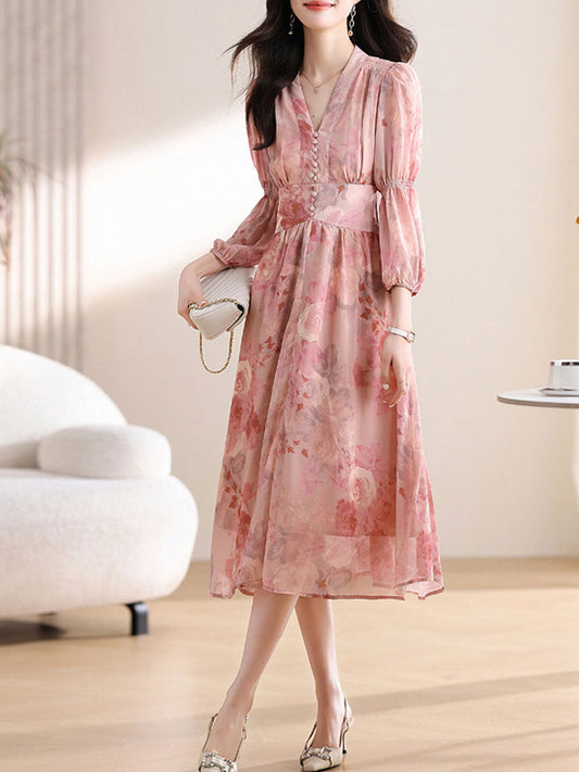 Madison Daily V-Neck Puff Sleeve Chiffon Floral Dress