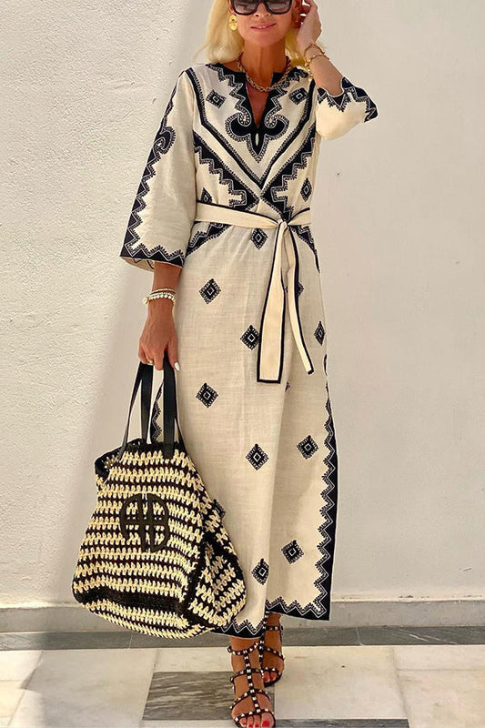 Cream Black Geometric Print V Neck Belted 3/4 Sleeve Midi Kaftan Dress