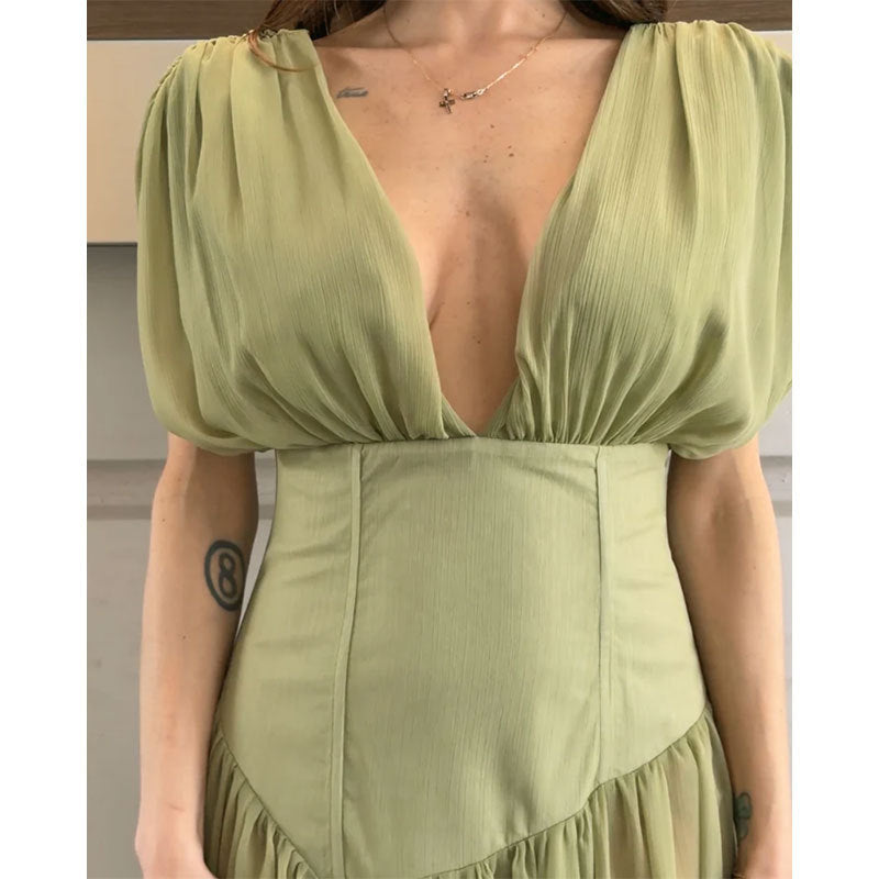 green pleated V-neck sleeveless asymmetrical dress