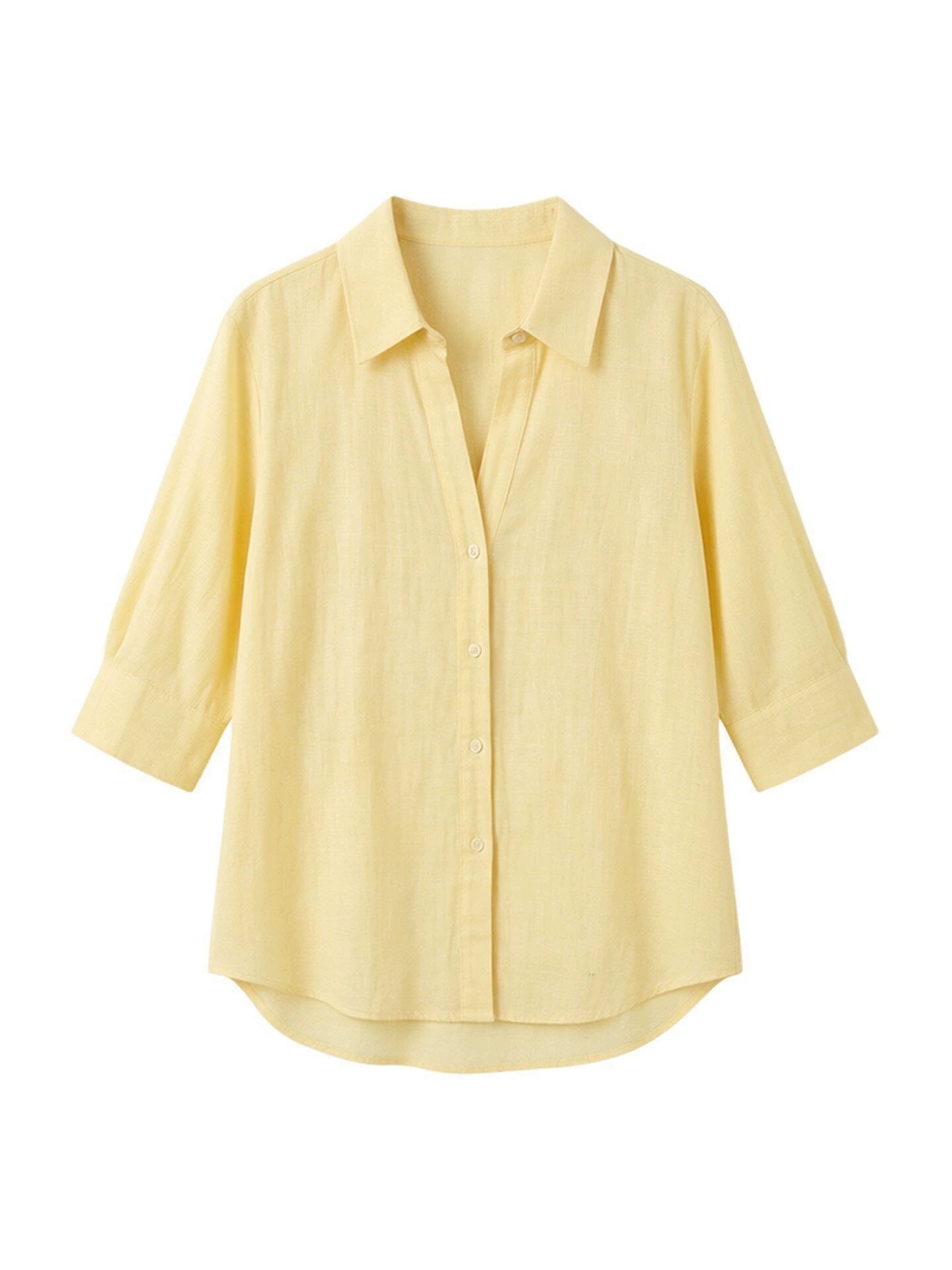 Light Yellow Linen V-Neck Three-quarter Sleeve Shirt