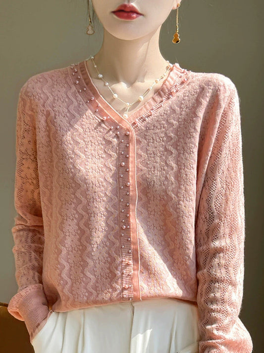 Wool-blend Lace V-neck Knit Top