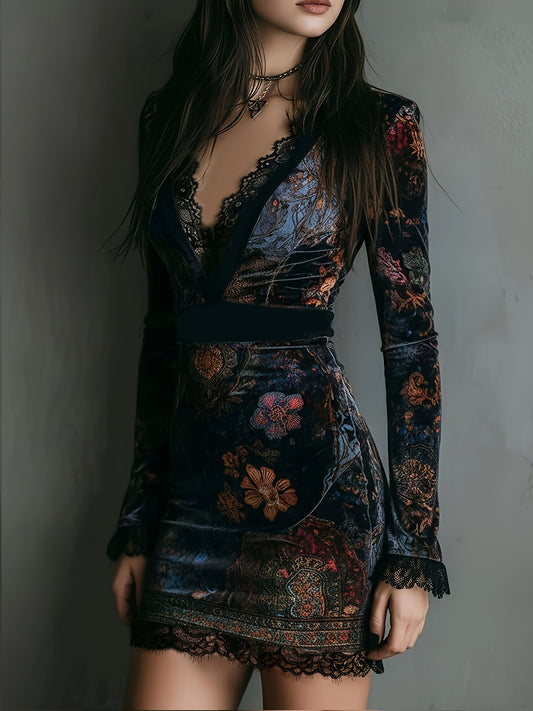 V-neck lace-trimmed printed long-sleeved bodycon mini dress