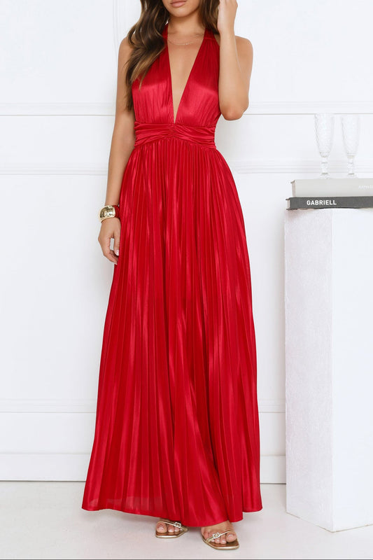 red one-shoulder pleated long dress