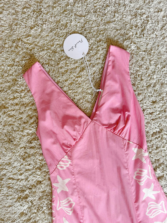 sea star shell print pink V-neck backless short dress