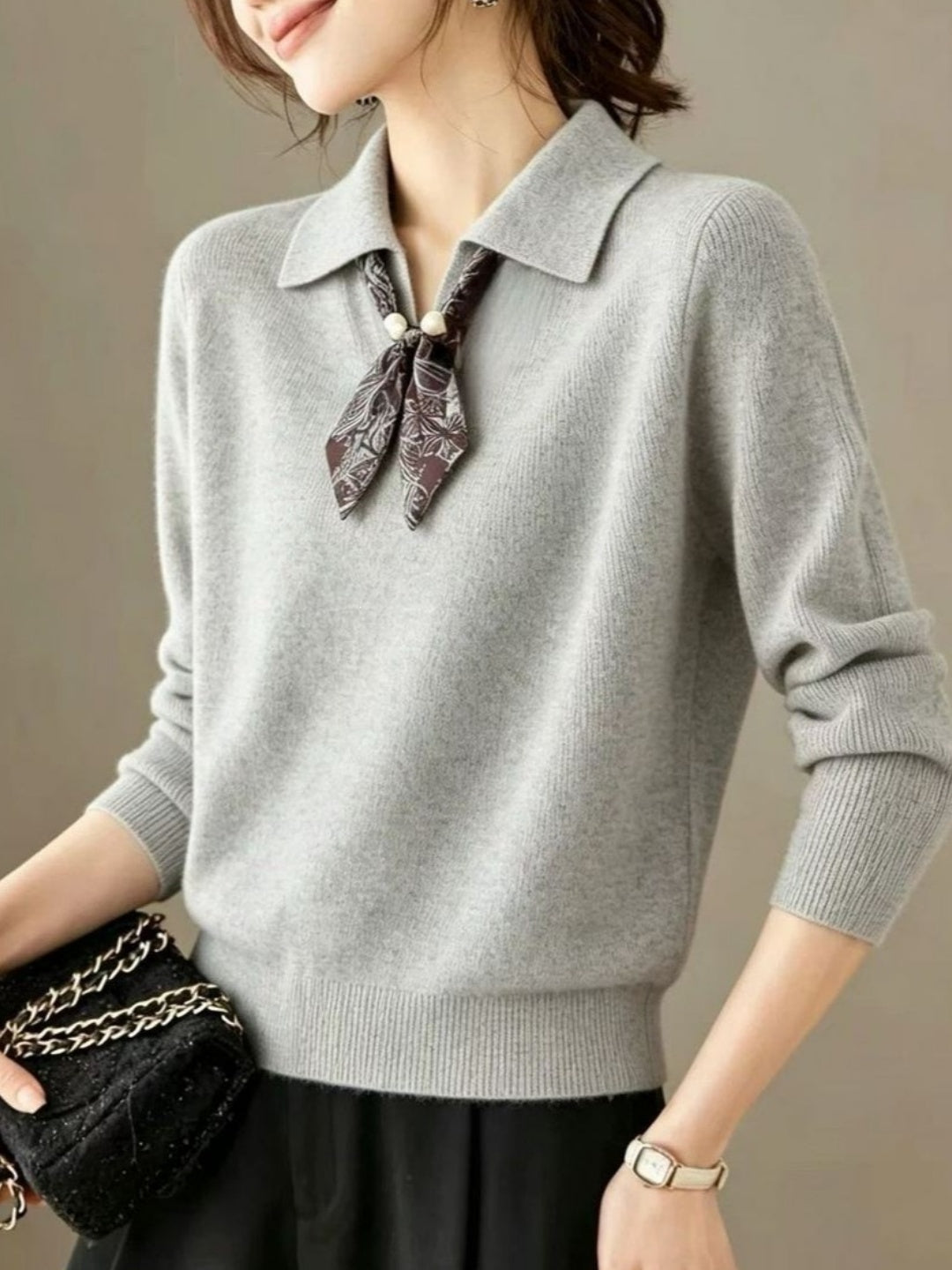 Polo Collar Silk Scarf Detail Sweater