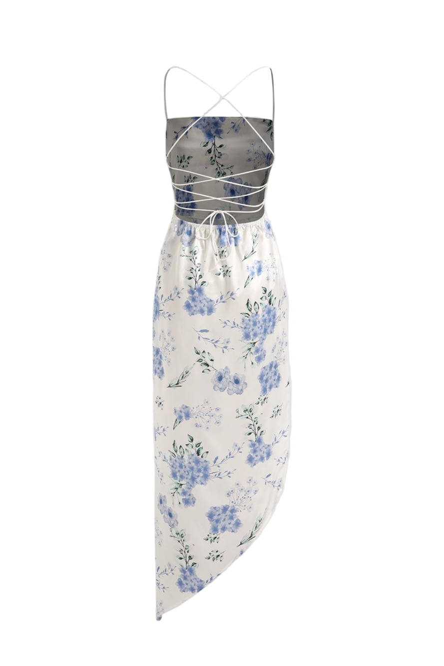 Vintage Floral Stretch Rope Lace-up Backless Skirt Dress