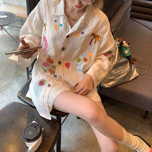 White embroidery cotton linen long sleeve shirt