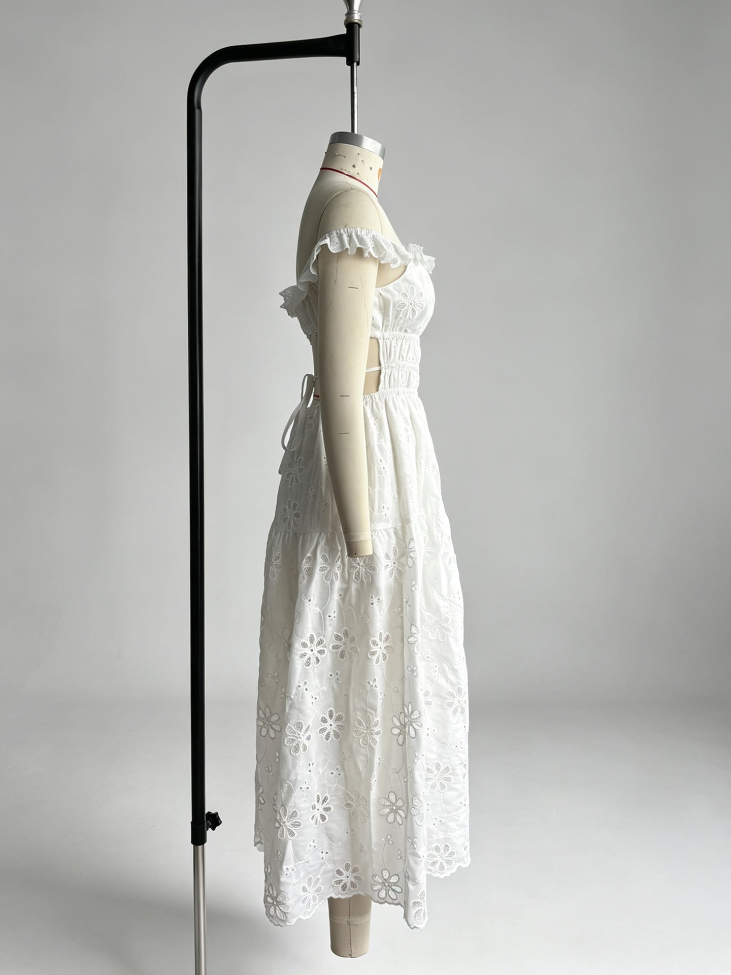 Ruffled square neck embroidered backless slit maxi dress - white