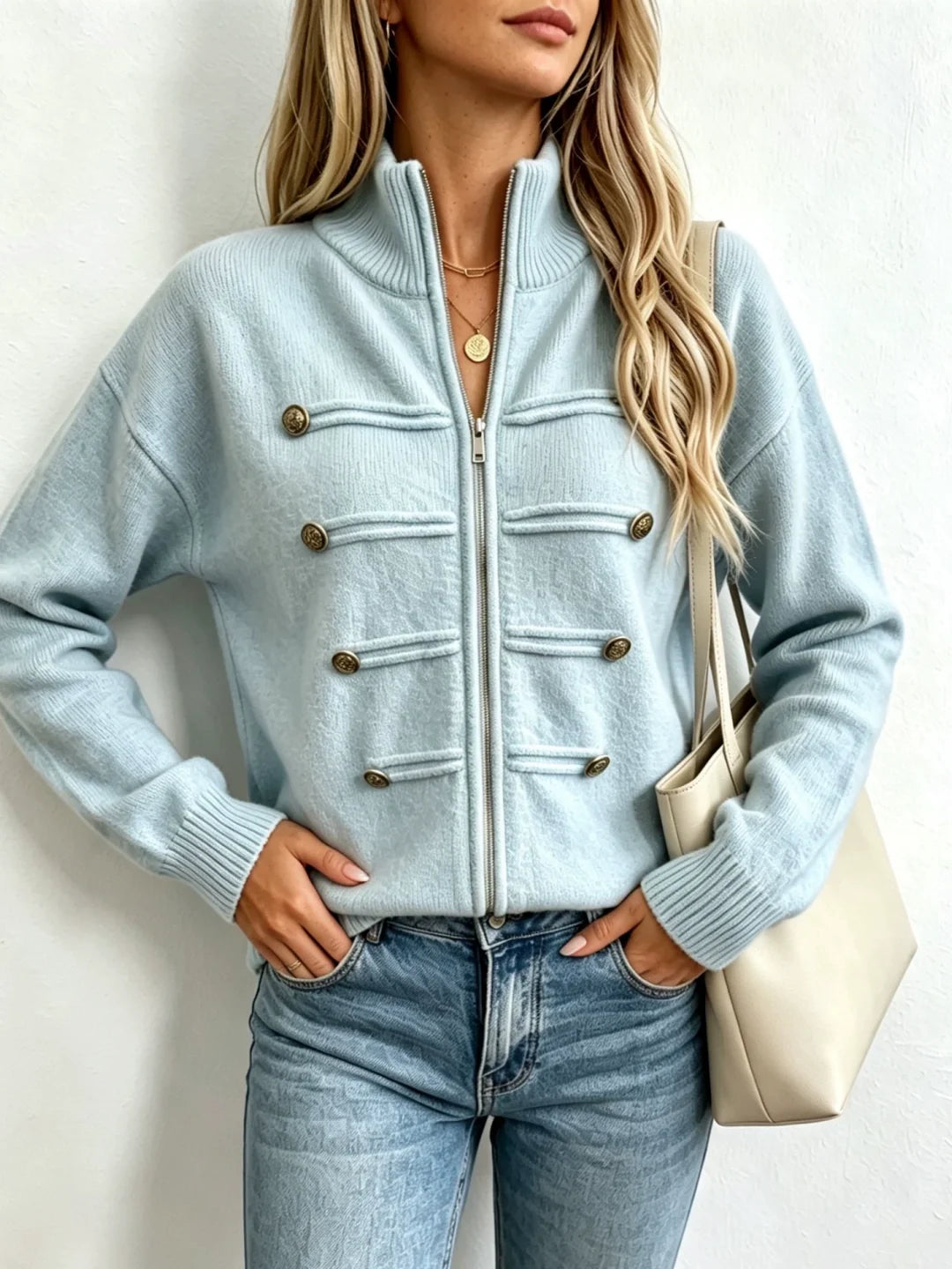 Stand-collar Double-zip Cardigan