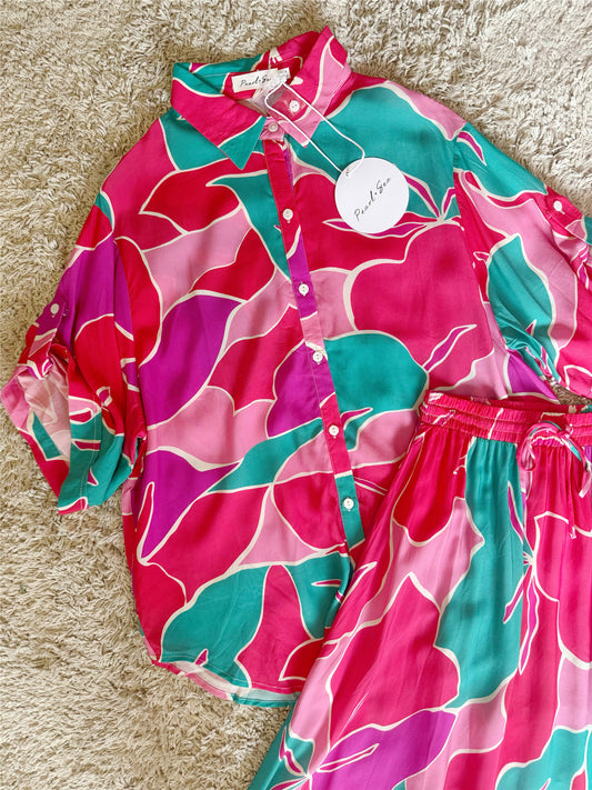 Vibrant Tropical Leaf Print Shirt & Wide Leg Pants Two-Piece Set