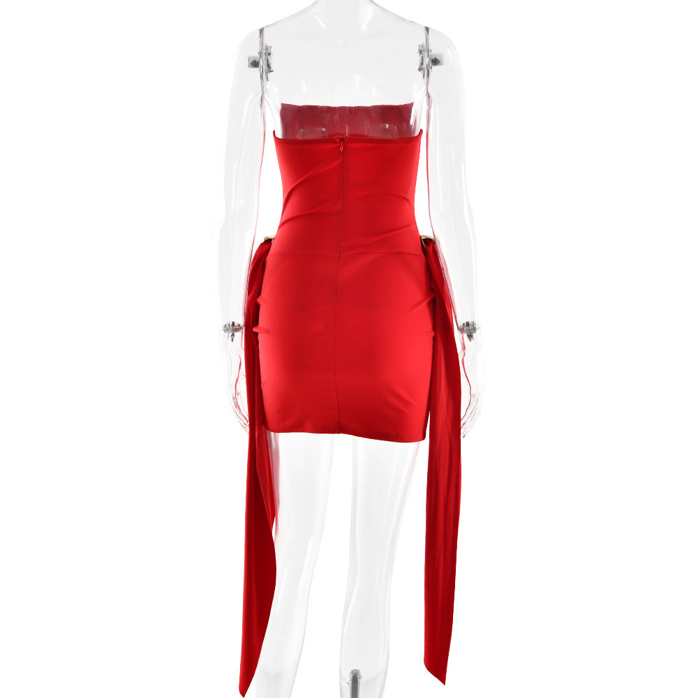 red open back bandeau streamer mini dress
