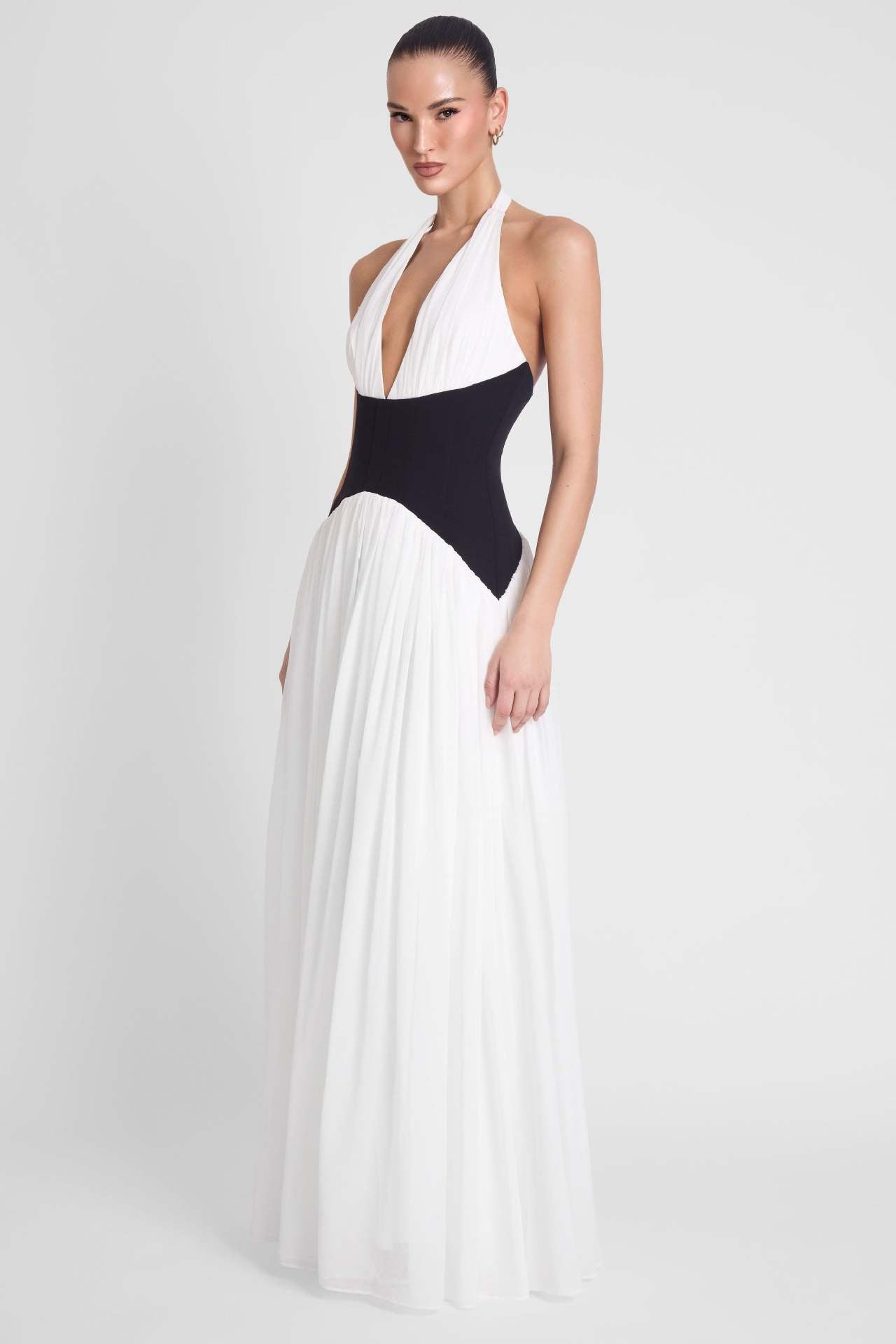 black and white suspender backless maxi dress