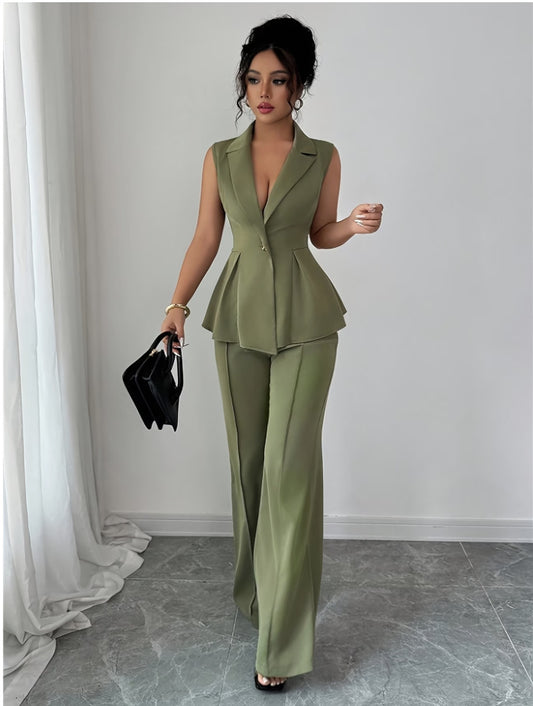 green Deep V-neck Sleeveless Pleated Top with Wide-Leg Pants Set