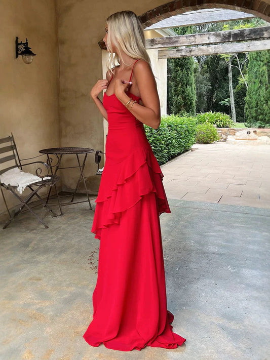 red Backless Long Slip Dress