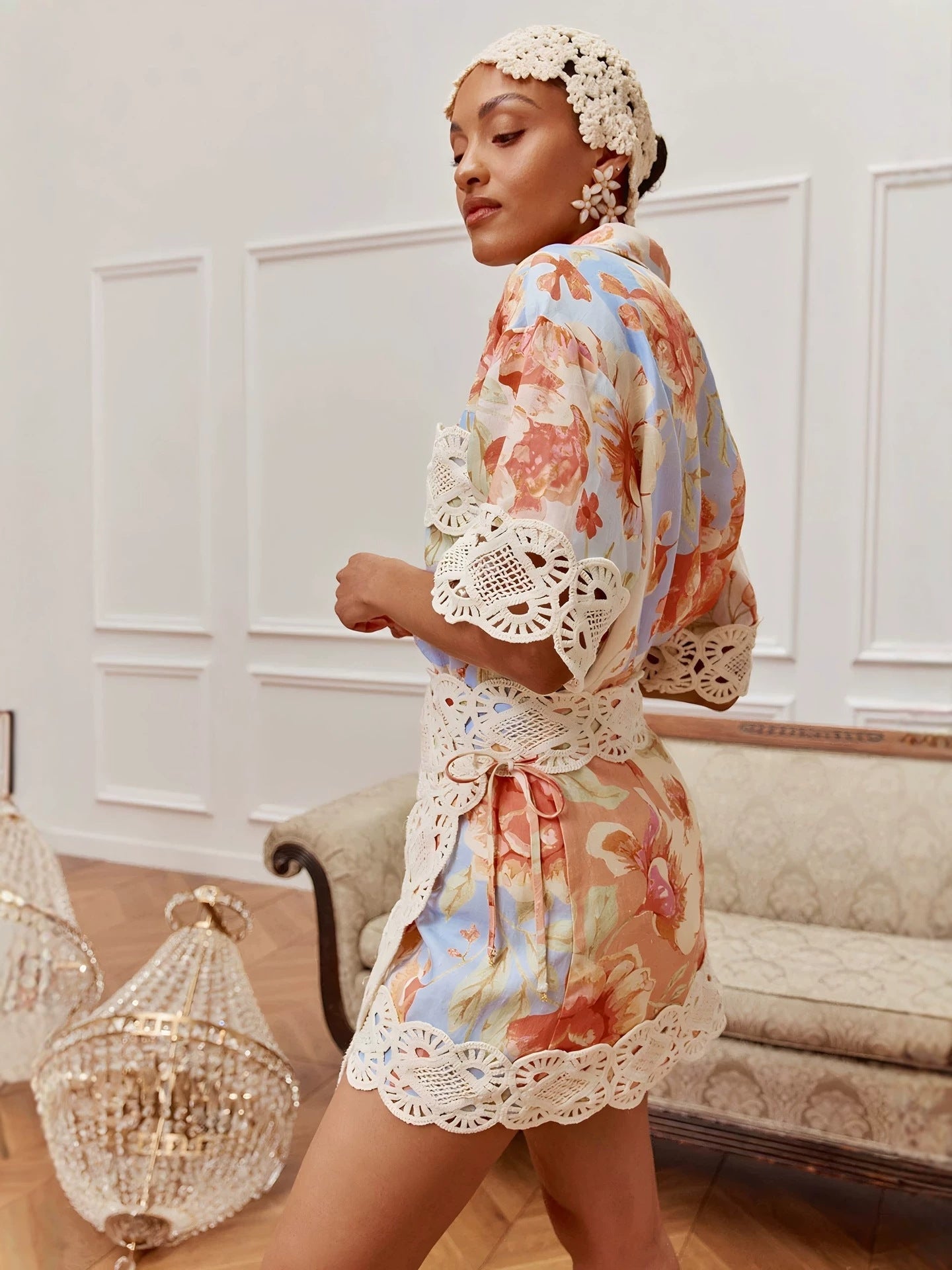 Vacation floral print lace cardigan shirt & skirt set