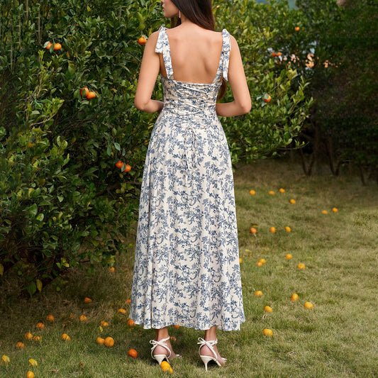 blue print slip backless waist-tied dress