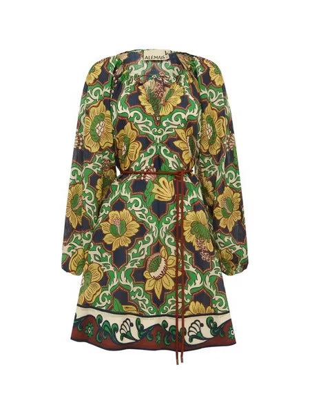 Bohemian V-neck floral print vacation mini dress - green
