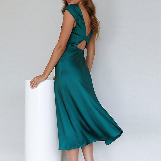 green Crew Neck Slit Slim Dress