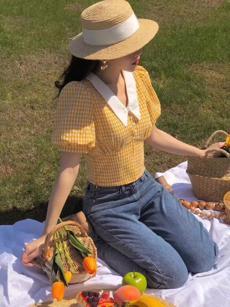 French retro plaid shirt