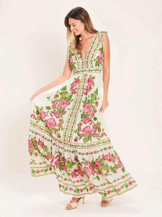 Floral rose vine print maxi dress - green