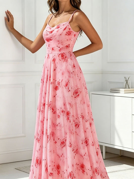 Swing Collar Strap Printed Chiffon Large Hem Waist-Cinching Dress
